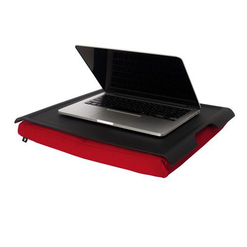 Antislip laptray rood met laptop op het antislip kunststoffen bovenblad